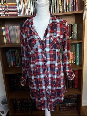 Red and Blue Plaid Button-Up Tunic